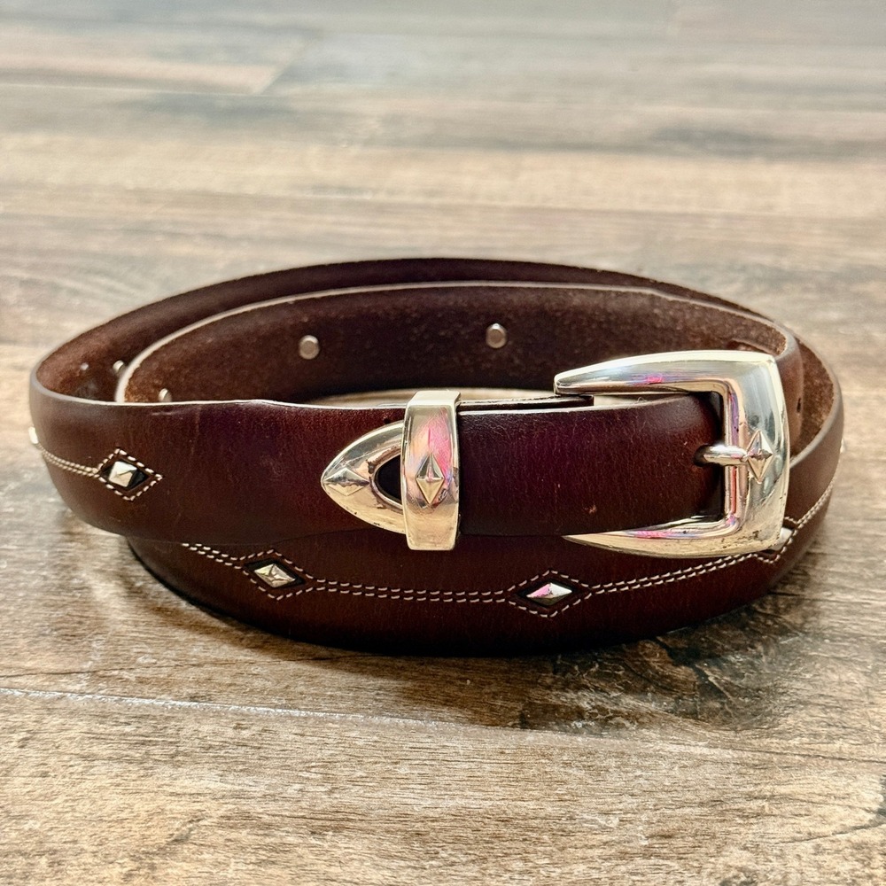 Brighton Western Denver Leather Diamond Silver Stud Belt, Brown, 42